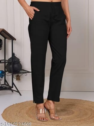 Women's Black Solid Formal Flat Front Trousers Women's Black Solid Formal Flat Front Trousers
