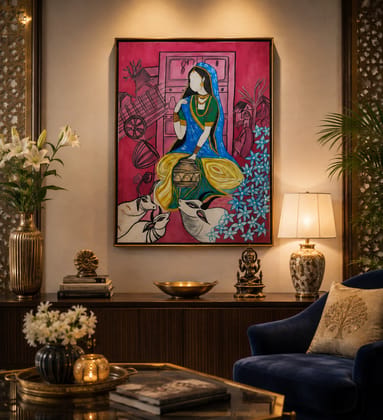 Radha in Gokuldham Hand Painted Acrylic Canvas Art Painting | 18×21 Inch Traditional Indian Wall Painting | Krishna Devotional Decor for Home, Gallery & Hotel | Swadeshi Handmade Art Paintings Radha in Gokuldham Hand Painted Acrylic Canvas Art Painting | 18×21 Inch Traditional Indian Wall Painting | Krishna Devotional Decor for Home, Gallery & Hotel | Swadeshi Handmade Art Paintings