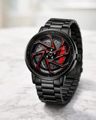 Unique Automotive Wheel Rim Design Stainless Steel Strap Watch chakri disine 360 rotating red colour 