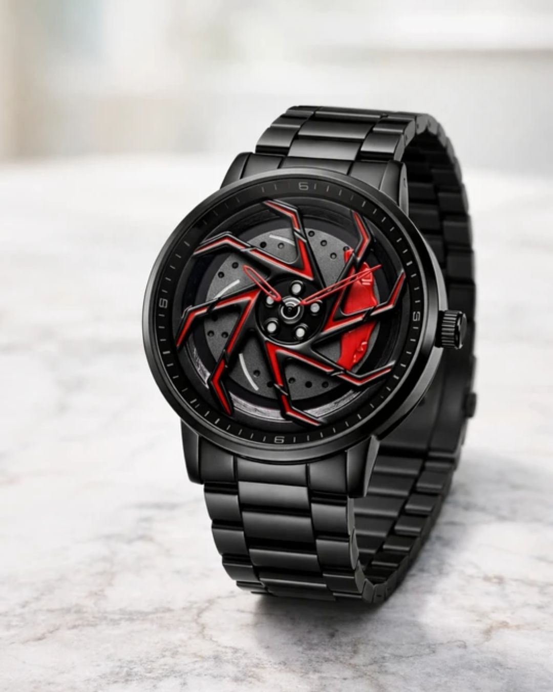 Unique Automotive Wheel Rim Design Stainless Steel Strap Watch chakri disine 360 rotating red colour