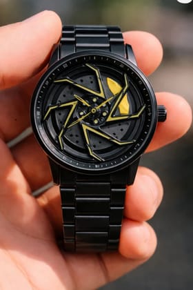 360° Rotating Car Wheel Watch - Black/Yellow Ultimate Racing Wheel Wristwatch for Men - Matte Black & Yellow Edition wheel watch stainless steel watch 