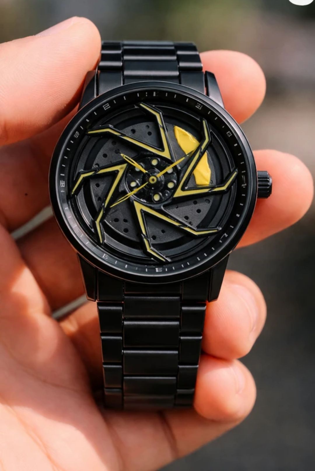 360° Rotating Car Wheel Watch - Black/Yellow Ultimate Racing Wheel Wristwatch for Men - Matte Black & Yellow Edition wheel watch stainless steel watch