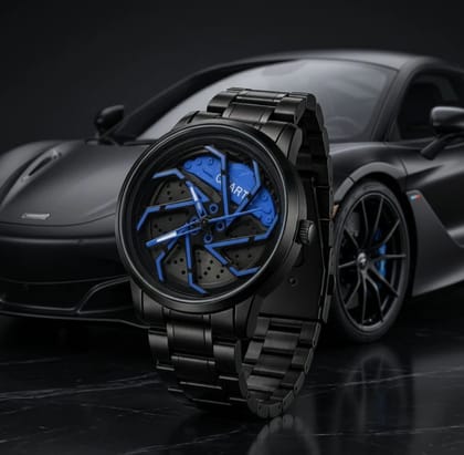 Unique Automotive Wheel Rim Dial Quartz Watch for Men - Black & Blue Sports Car Theme Wristwatch stainless steel watch 360 rotating 