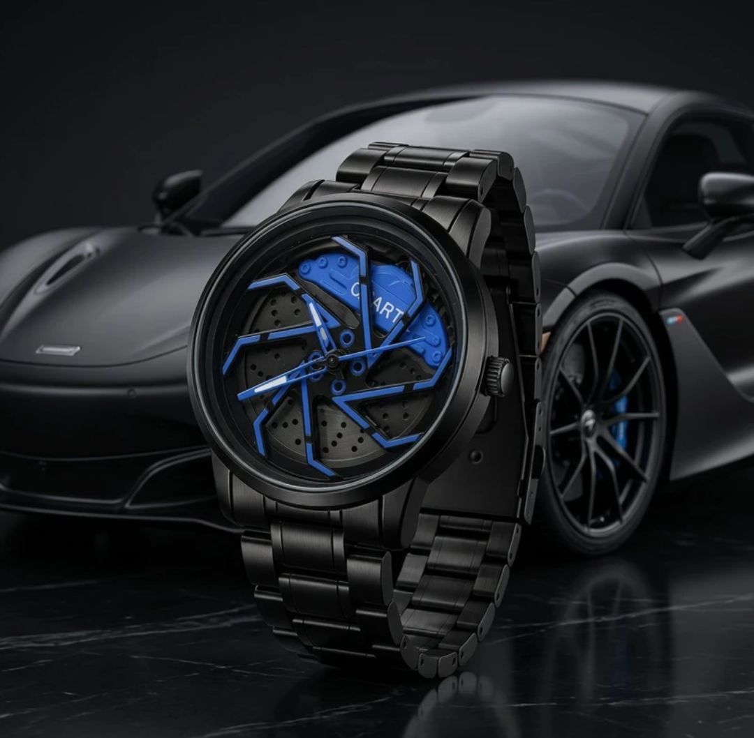 Unique Automotive Wheel Rim Dial Quartz Watch for Men - Black & Blue Sports Car Theme Wristwatch stainless steel watch 360 rotating