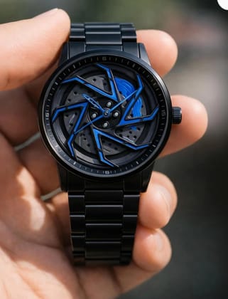 "Car Wheel Rim Design Analog Watch for Men – Black Metal Strap with Blue Brake Caliper Dial, Sports Car Inspired Wrist Watch" 360 rotating watch 