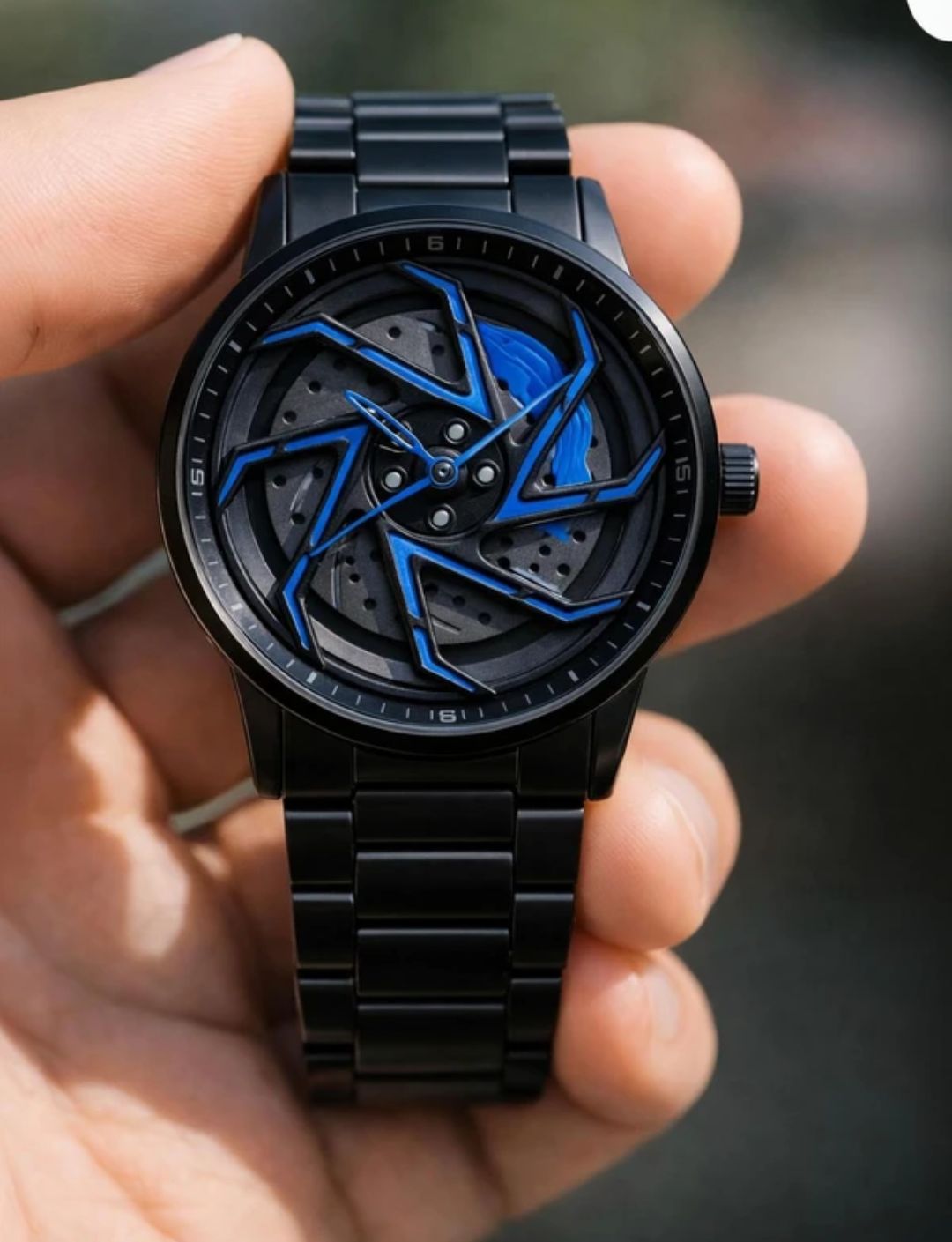 "Car Wheel Rim Design Analog Watch for Men – Black Metal Strap with Blue Brake Caliper Dial, Sports Car Inspired Wrist Watch" 360 rotating watch