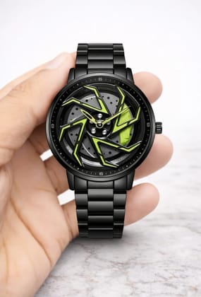 Car Wheel Rim Analog Watch for Men | Sports Car Alloy Rim Dial with Rotating Dial & Neon Green Caliper Design | 360 rotating Stainless Steel Strap Wristwatch