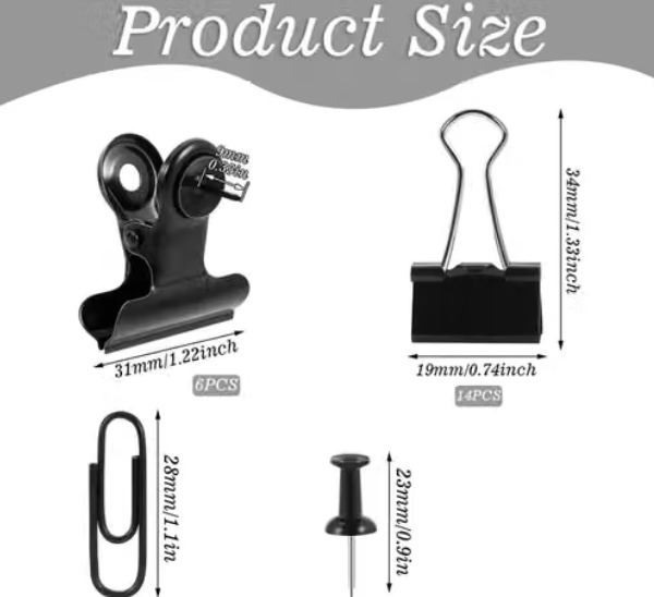 Accuprints Black Push Pins Set, 250 Pcs 4 Style Black Binder Clips