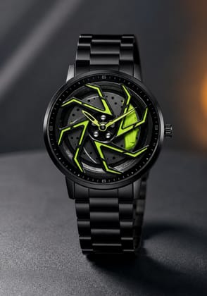 Sports Car Wheel Rim Concept Analog Men’s Watch with Neon Green Accents stainless steel watch 360 rotating watch 