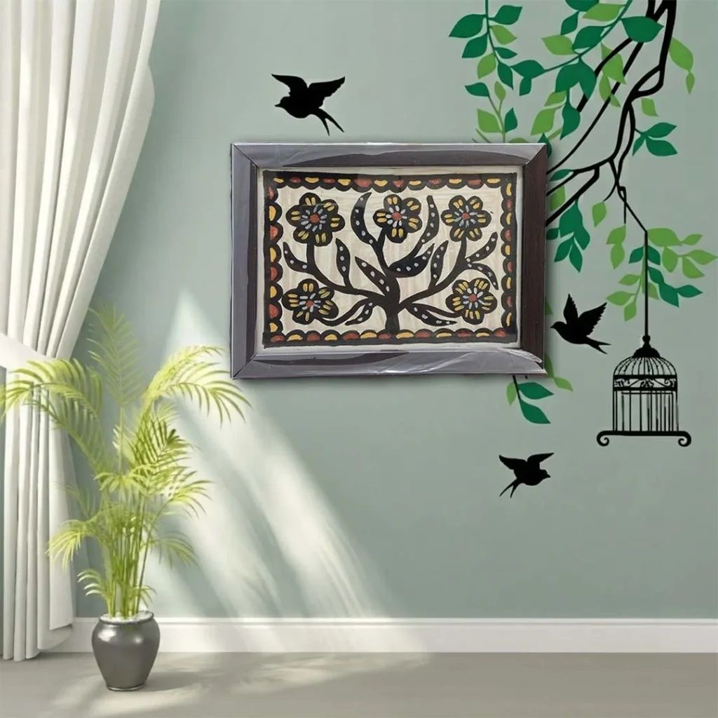 Handpainted Sohrai Tree of Life Painting Framed Tribal Wall Art