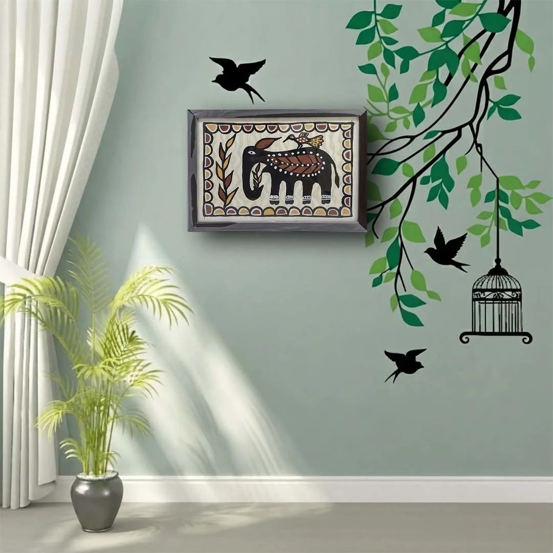 Sohrai Khovar Elephant and Bird Tribal Wall Art