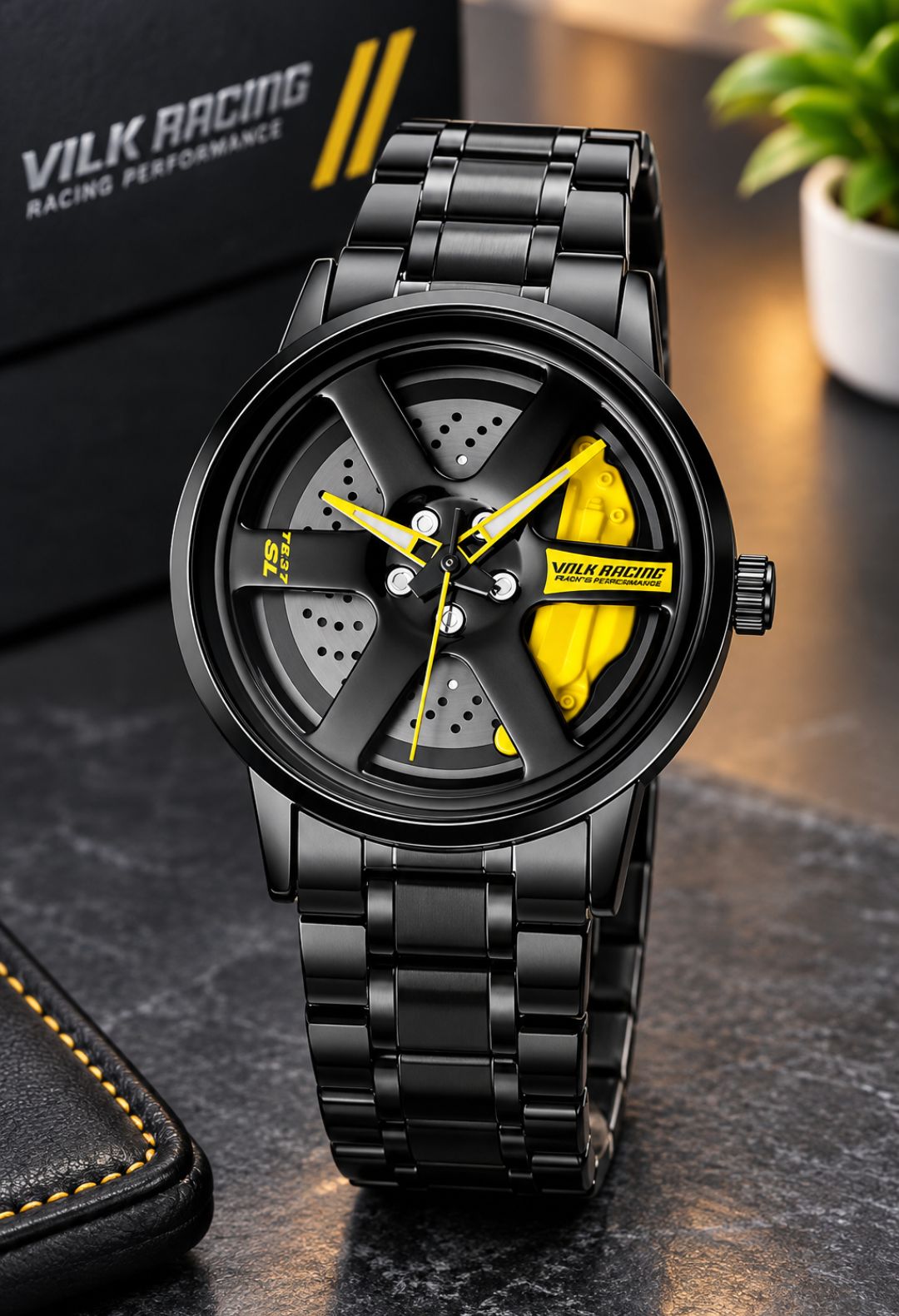 Volk Racing Edition Car Wheel Rim Watch for Men | 3D Rotating Hub & Brake Caliper Design | Waterproof Stainless Steel Strap Analog Quartz Sports Wrist Watch (Matte Black & Yellow)