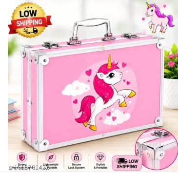 Unicorn Themed 145-Piece Deluxe Aluminum Case Art Set for Kids, Multicolor Drawing and Painting Kit