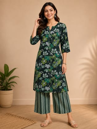 Glamvila Sage Blossom Kurti Palazzo Set