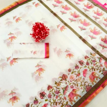 Printed White Cotton-Linen Saree with Elephant and Floral Motifs