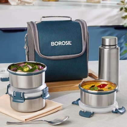 Borosil Superfresh Stainless Steel Lunch Box Set with 3 Leak-Proof Containers (310 ml Each) & 600 ml Water Bottle, BPA-Free Lid, Dishwasher Safe, Carry Bag Included, 1 Year Warranty