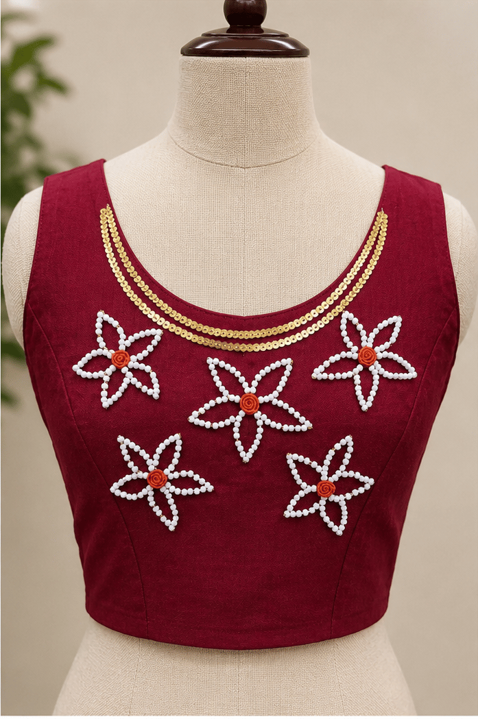 Maroon Sleeveless Blouse with Pearl & Sequin Embroidery