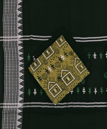 Olive Black Sambalpuri Handwoven Ikat Suit Set SFCSUT2508