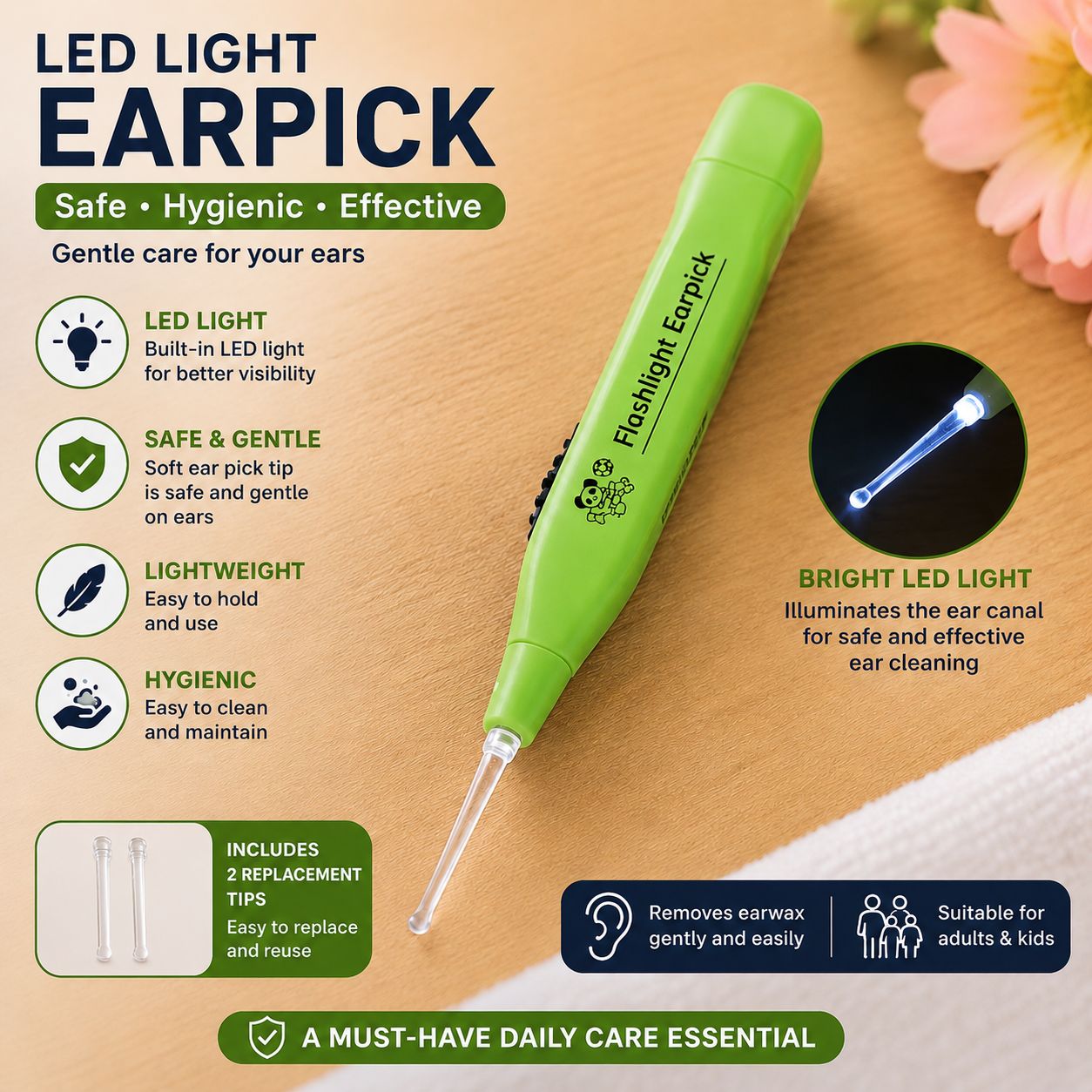 LED Flashlight Earpick Wax Removal Tool with 2 Tips - 1 Pack
