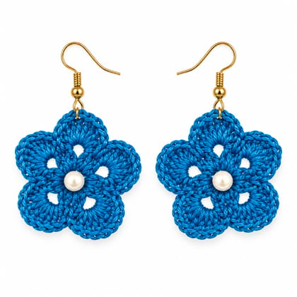 Handmade Blue Crochet Flower Earrings with Pearl Centre | Lightweight Fashion Jewellery | M/S STYLE MOMENTS & GIFT COLLECTION