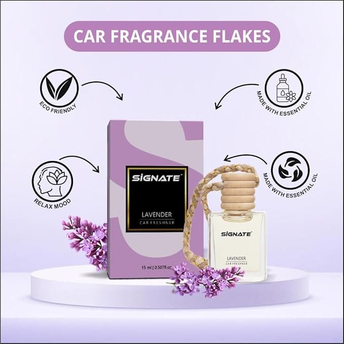 Signate Car Perfume with Natural Fragrance Essential Oils | Car Air Fresheners Long Lasting Upto 90 Days | Hanging Pod in Glass Bottle with Wooden Diffuser Lid(Aqua De Lavender 15ML+Sandalwood 15ML)