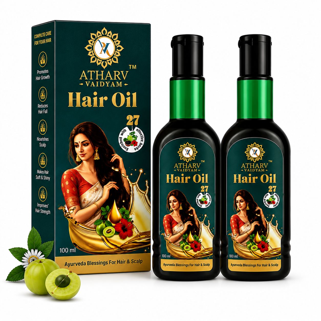 Atharv Vaidyam Ayurvedic Hair Oil for Hair Growth, Hair Fall Control and Dandruff Control - 100ml Pack of 2 | Enriched with 27 Powerful Herbs | Bhringraj, Brahmi, Amla, Kalonji, Onion Oil | Suitable for Women & Men