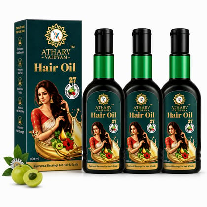 Atharv Vaidyam Ayurvedic Hair Oil for Hair Growth, Hair Fall Control and Dandruff Control - 100ml Pack of 3 | Enriched with 27 Powerful Herbs | Bhringraj, Brahmi, Amla, Kalonji, Onion Oil | Suitable for Women & Men