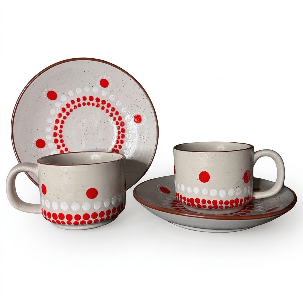 Handmade Dotted Ceramic Tea Cup and Saucer Set - 4 Piece