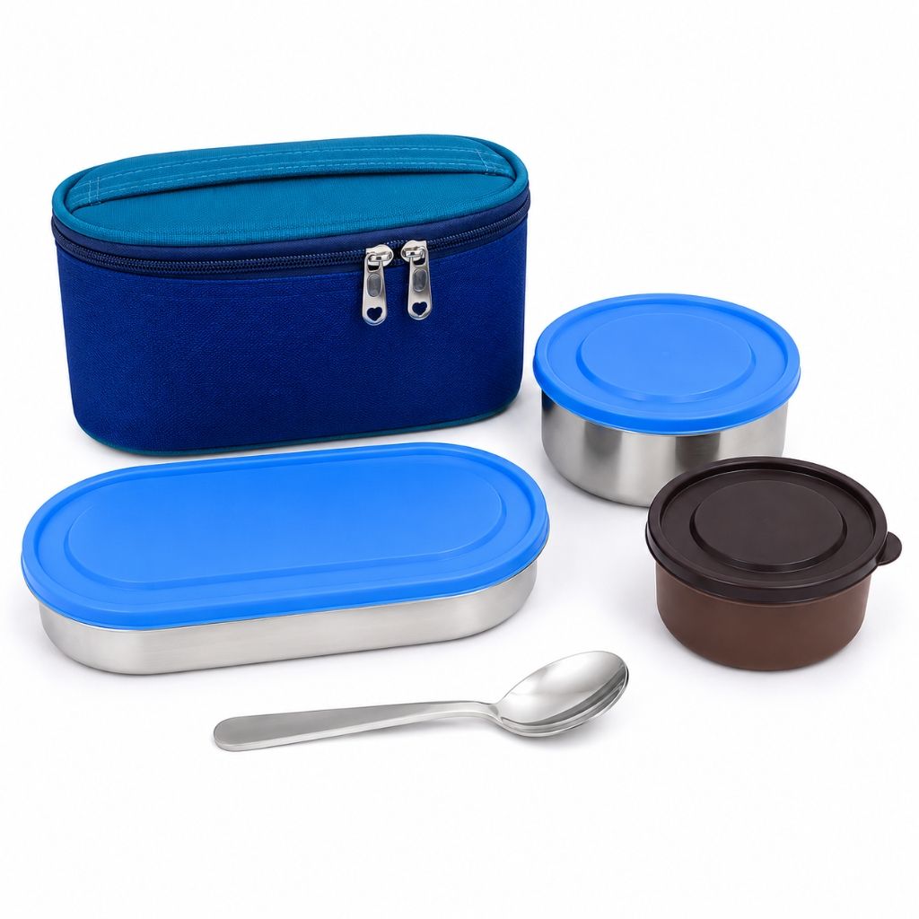 V3Deals Steel Lunch Box with Steel & Plastic Bowls, Spoon & Carry Bag, Premium Stainless Steel, Large Steel Bowl, Large Plastic Bowl, Spoon, Carry Bag, 2 Bowl Combo, Compact & Portable ( Signature Lunch Box 4)