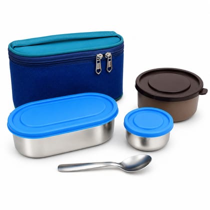 V3Deals Steel Lunch Box with Steel & Plastic Bowls | Tiffin Box with Carry Bag, Premium Stainless Steel, Small Steel Bowl, Large Plastic Bowl, Carry Bag, 2 Bowl Combo, Smart Nesting, Compact & Portable