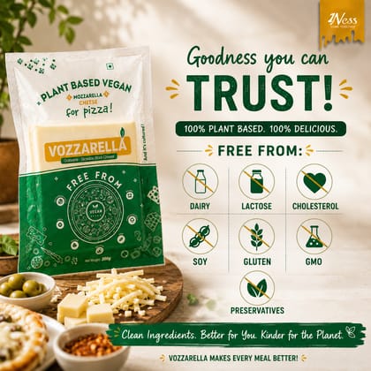 1Ness Vozzarella Plant Based Mozzarella Cheese | Vegan, Dairy Free & Lactose Free | Grateable & Sliceable Cheese for Pizza, Pasta & Sandwiches | 200g