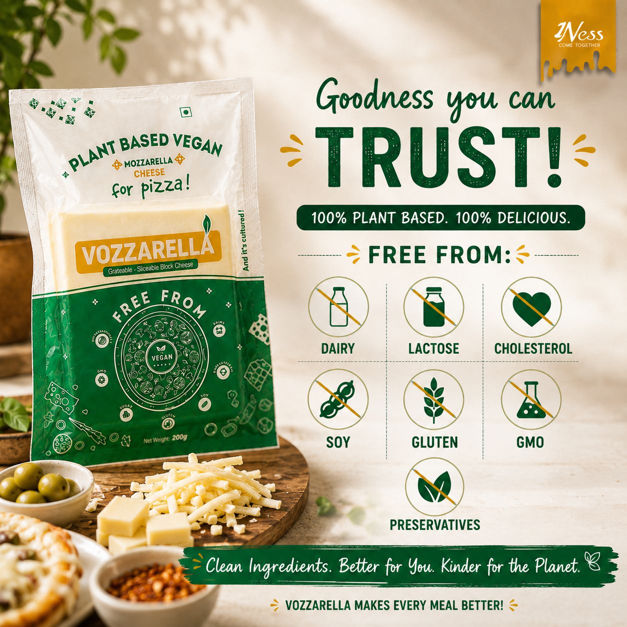 1Ness Vozzarella Plant Based Mozzarella Cheese | Vegan, Dairy Free & Lactose Free | Grateable & Sliceable Cheese for Pizza, Pasta & Sandwiches | Pack of 2 x 200g