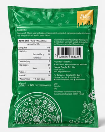 1Ness Vozzarella Plant Based Mozzarella Cheese | Vegan, Dairy Free & Lactose Free | Grateable & Sliceable Cheese for Pizza, Pasta & Sandwiches | Pack of 2 x 200g