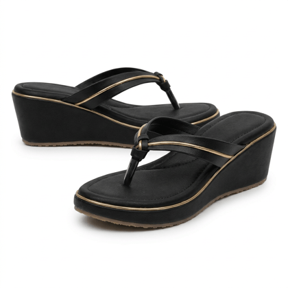 Women's Black Wedge Heel Thong Sandals with Gold Accent Women's Black Wedge Heel Thong Sandals with Gold Accent