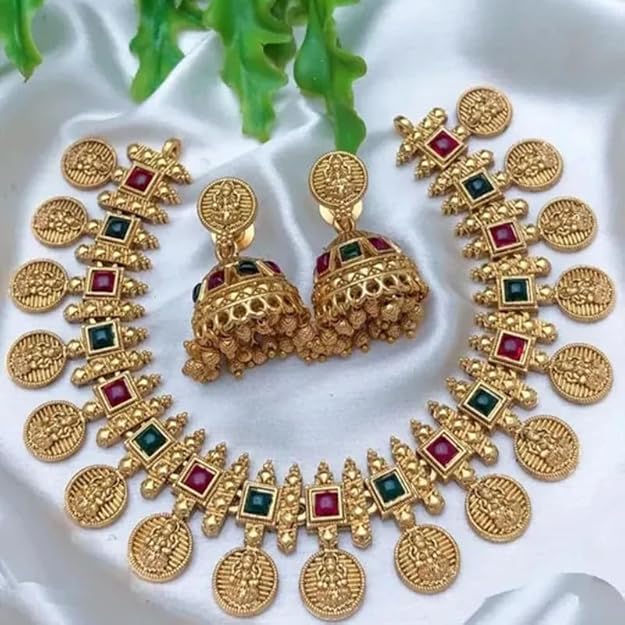 Traditional Gold-Plated Lakshmi Coin Necklace & Jhumka Earring Set with Red & Green Stones