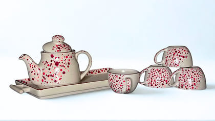 Hand-painted Ceramic Tea Set with Red Speckles, 6 Pieces