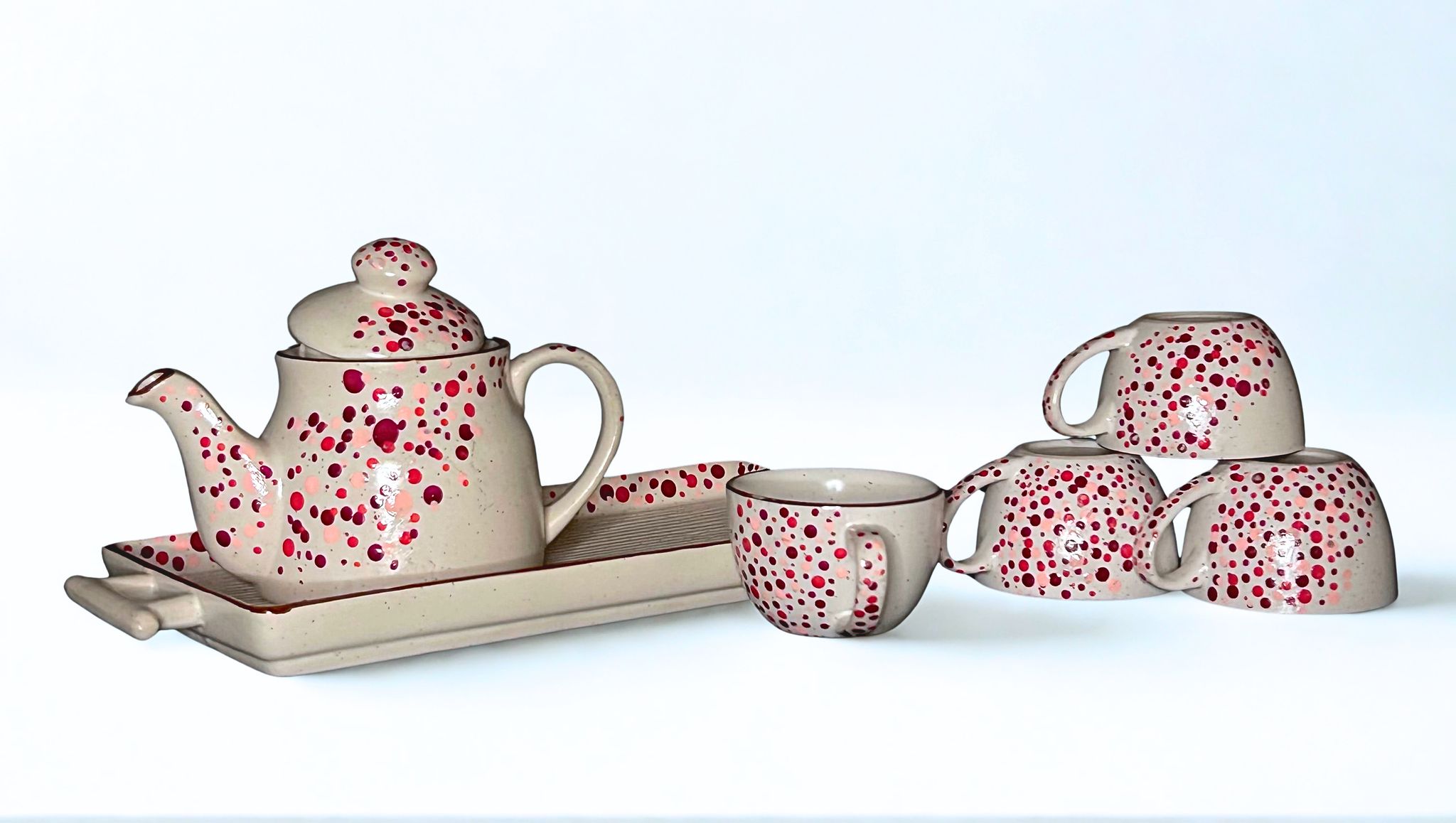 Hand-painted Ceramic Tea Set with Red Speckles, 6 Pieces