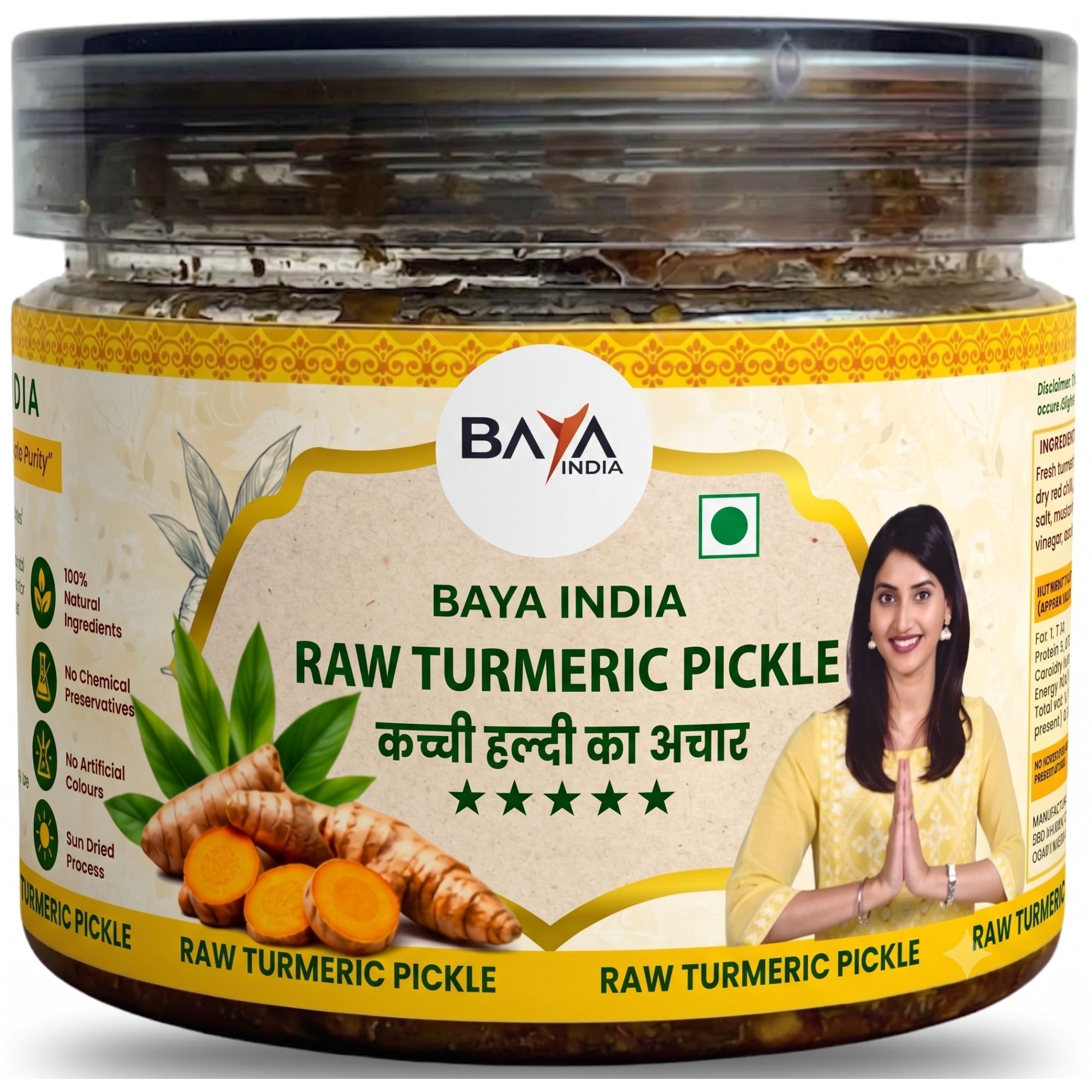 Baya India Kacchi Haldi Ka Achar | Turmeric Pickle | Homemade Pickle in Mustard Oil | Sun-Dried | No Added Colours or Flavours | 250g