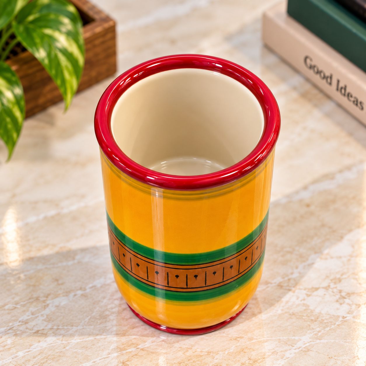Etikoppaka Wooden Handmade Pen Holder Golden Yellow, Green