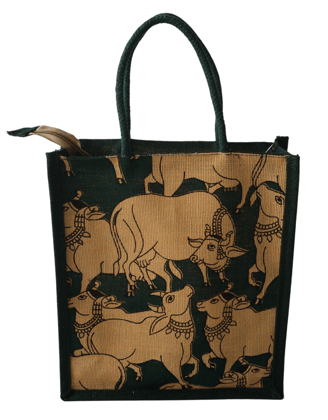 Green Jute Tote Bag with Decorated Cow Print