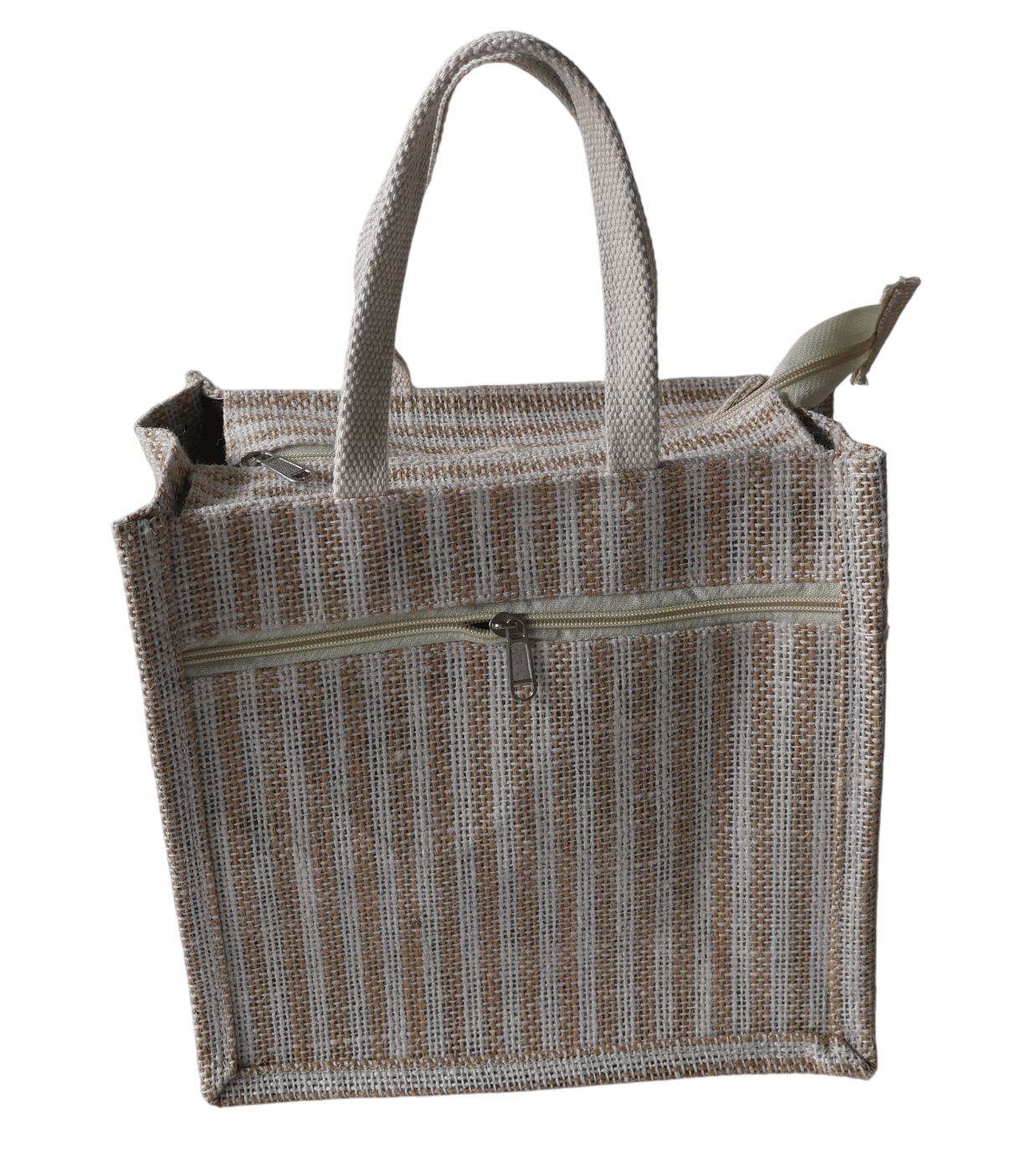 Striped Eco-Friendly Jute Tote Bag with Top Handles & Zipper Pocket