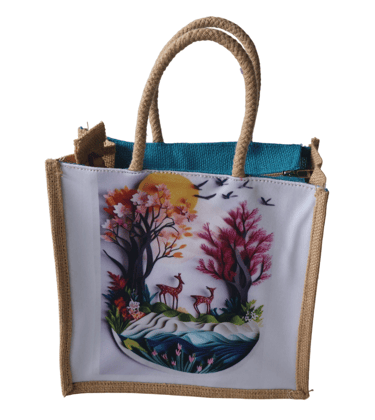 Printed Jute Tote Bag with Deer Landscape Art