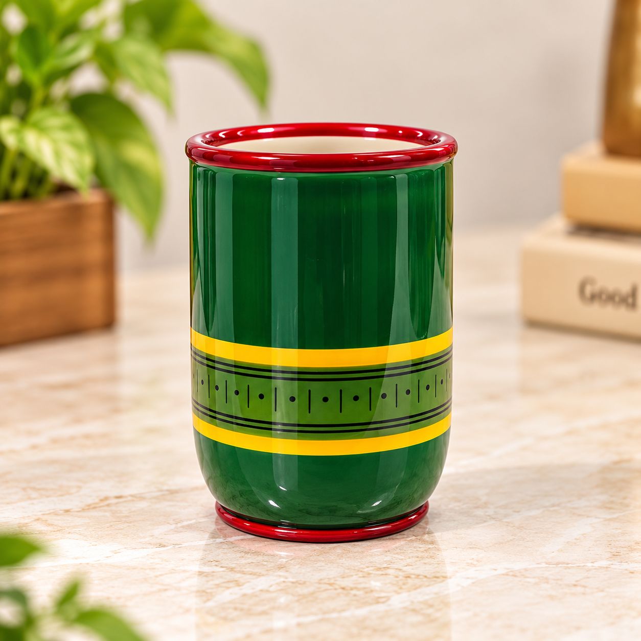 Etikoppaka Wooden Pen or Pencil Holder Green and Yellow
