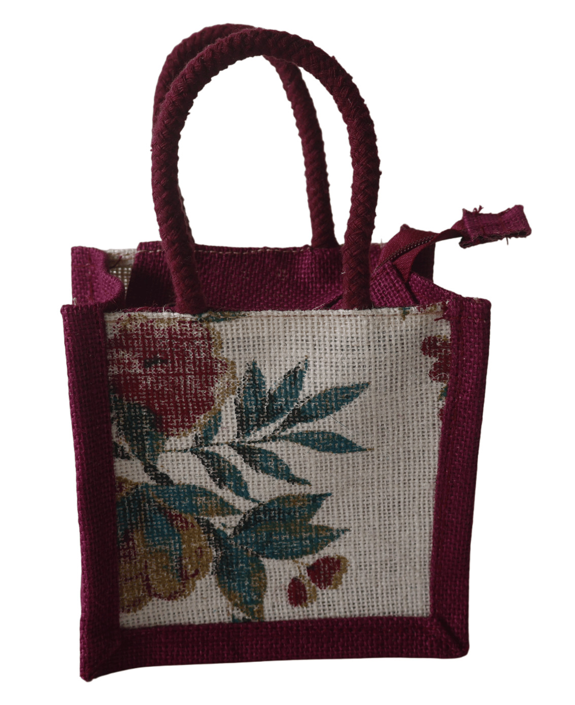 Small Floral Printed Purple Jute Gift Bag with Zipper