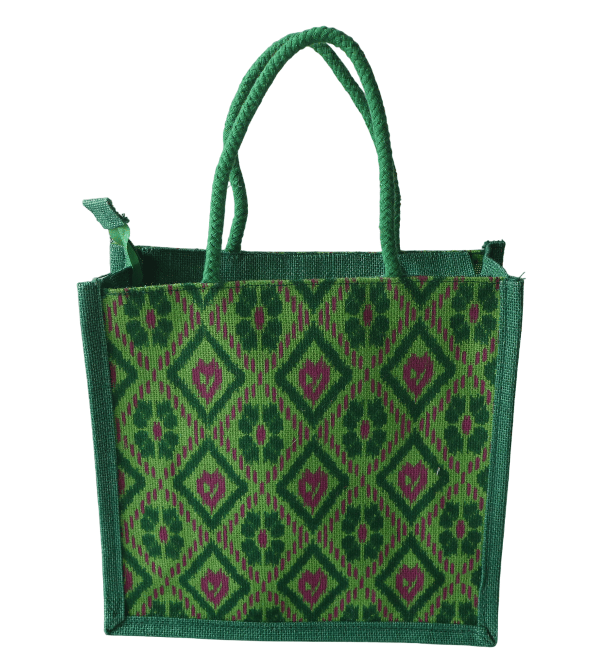 Green Jute Tote Bag with Geometric Pattern