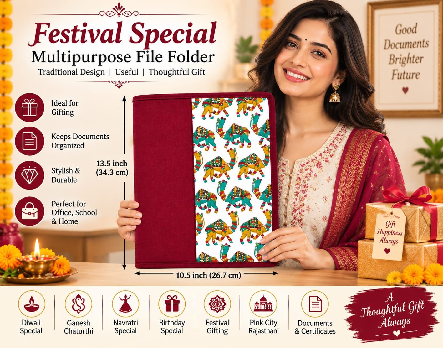 Eco friendly Diwali Handmade Camel Print A4 File Folder Rajasthani Camel Design Document Holder, File Folder, Document File Folder, Office File Folder,A4 File Folder 