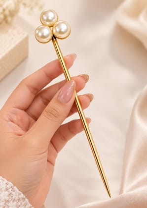 Elegant Golden Hair Stick with Pearl & Floral Design