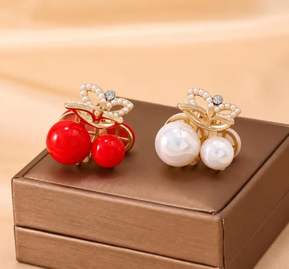 Women Pearl Red Cherry & White Bow Design Hair Clutcher Set Women Pearl Red Cherry & White Bow Design Hair Clutcher Set