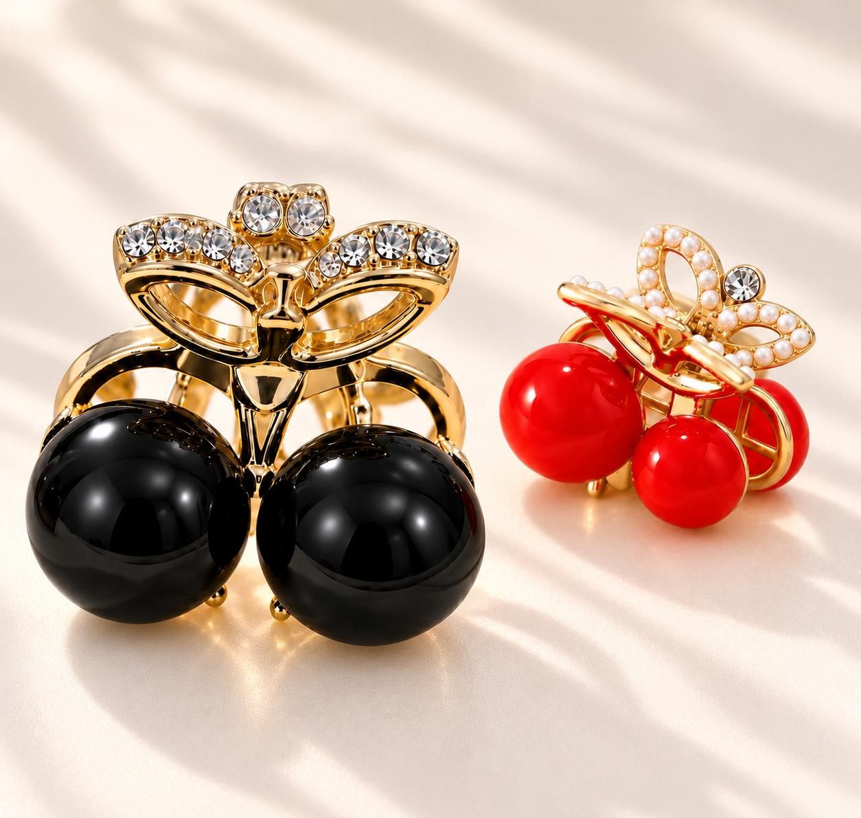 Elegant Gold Finish Red Cherry And Black Butterfly Hair Clutcher