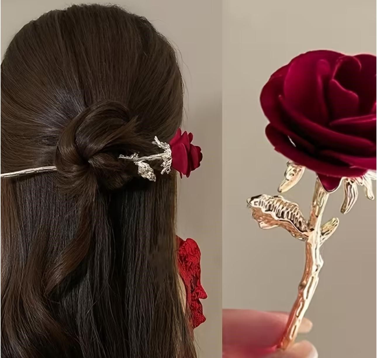  Red Rose Flower Metal Hair Juda Bun Stick